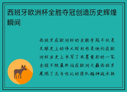 西班牙欧洲杯全胜夺冠创造历史辉煌瞬间
